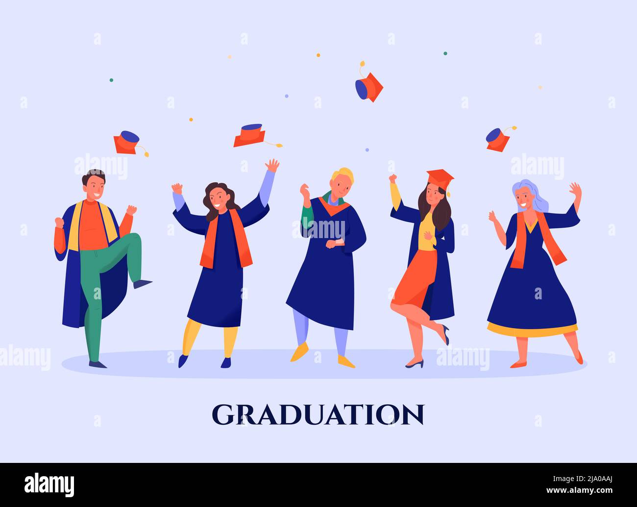 Happy students wearing blue mantles throwing caps at graduation party flat vector illustration Stock Vector