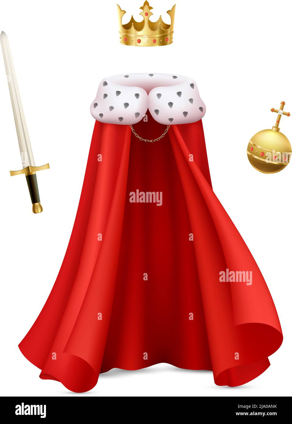 King cloak composition with realistic image of monarch gown with red royal robe sceptre and ball vector illustration Stock Vector