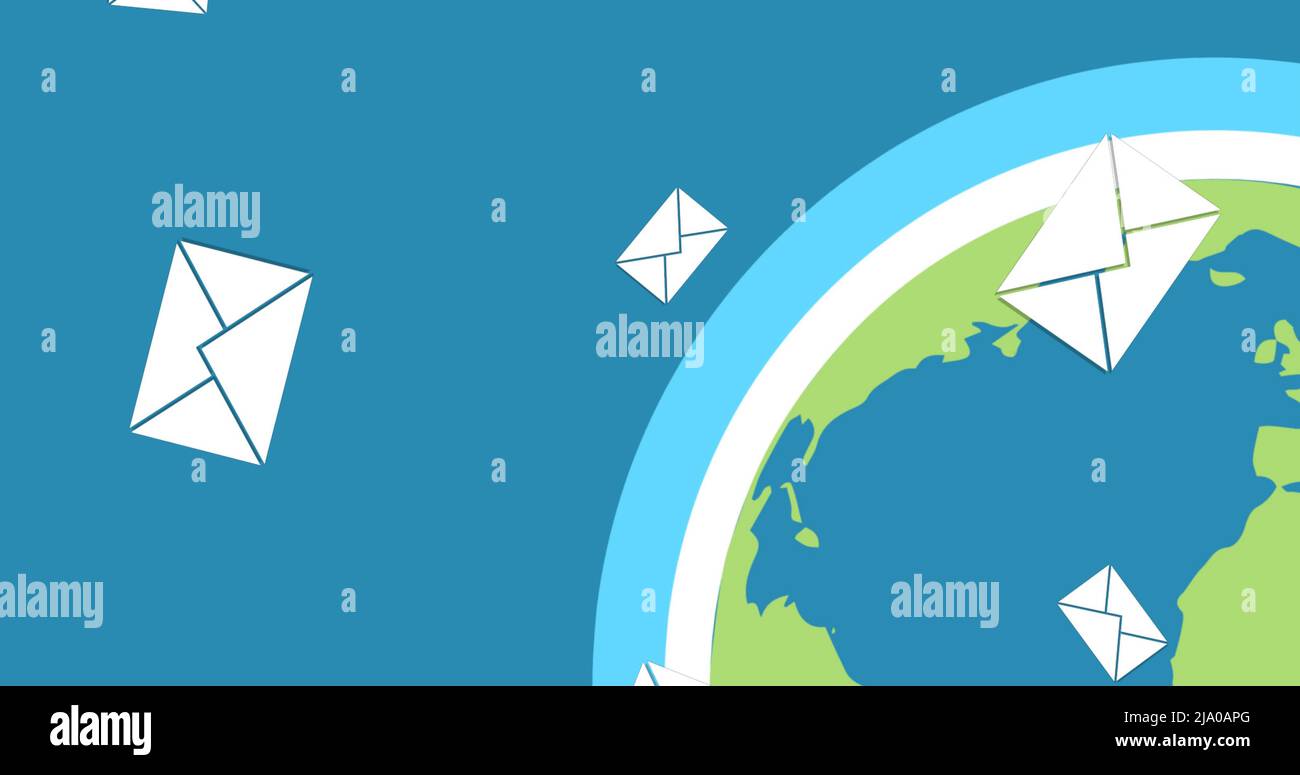 Image of emails floating over globe on blue background Stock Photo