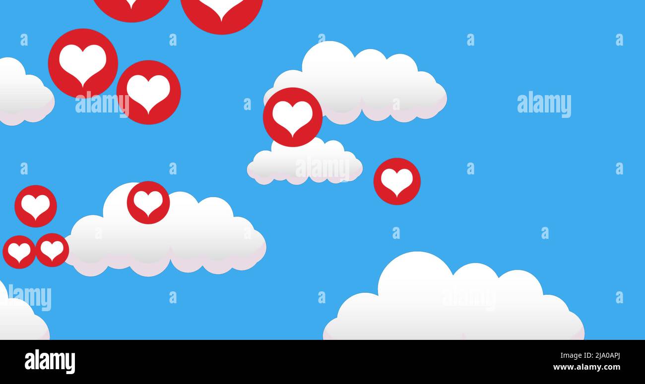Image of hearts floating over blue sky with clouds Stock Photo - Alamy