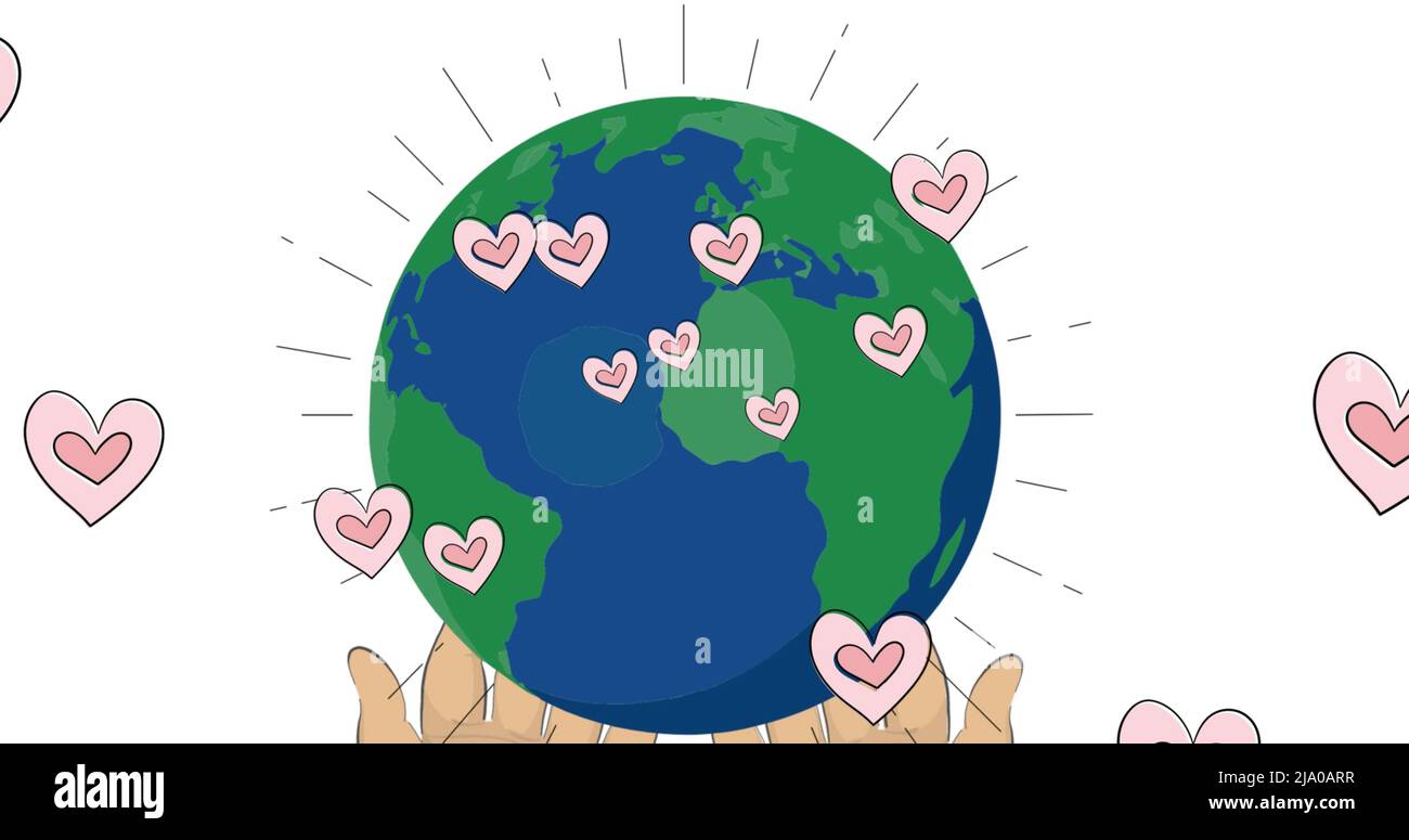 Image of hearts floating over hands holding globe on white background Stock Photo