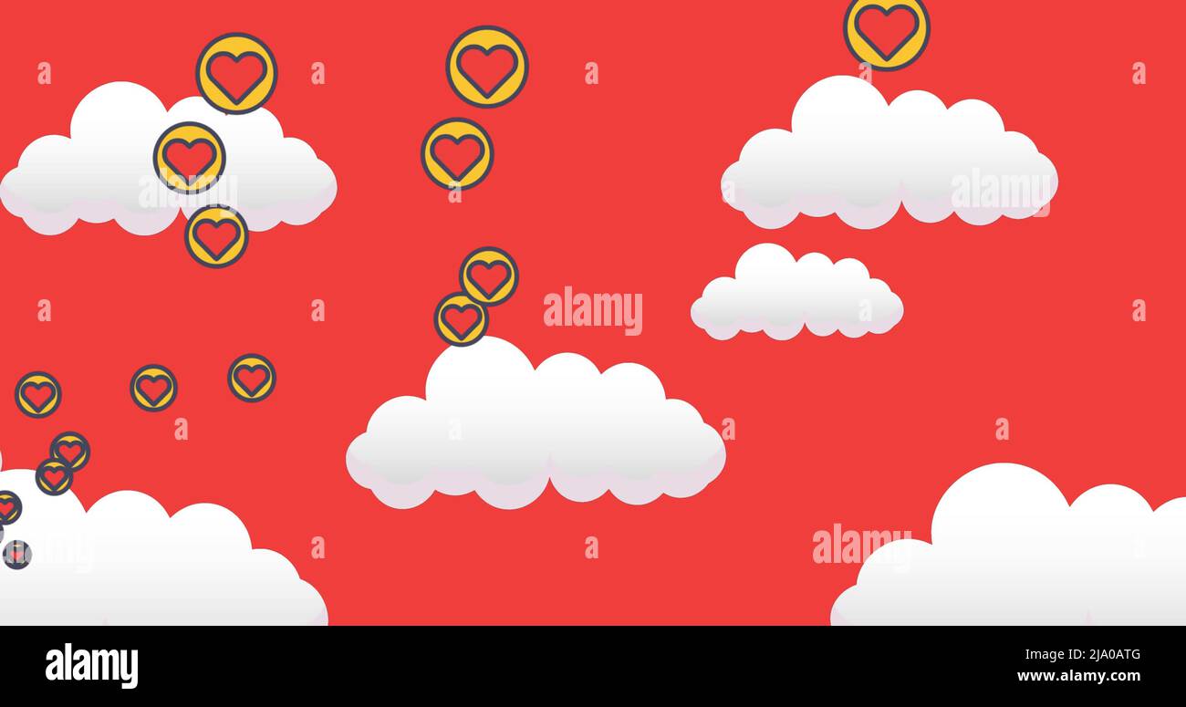 Image of hearts floating over red sky with clouds Stock Photo - Alamy