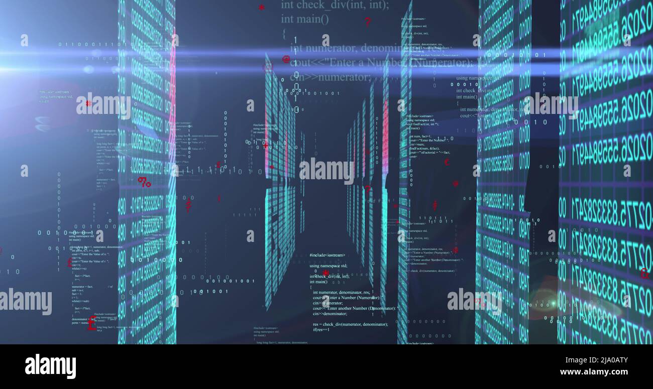Image of binary coding and data processing over light spots Stock Photo