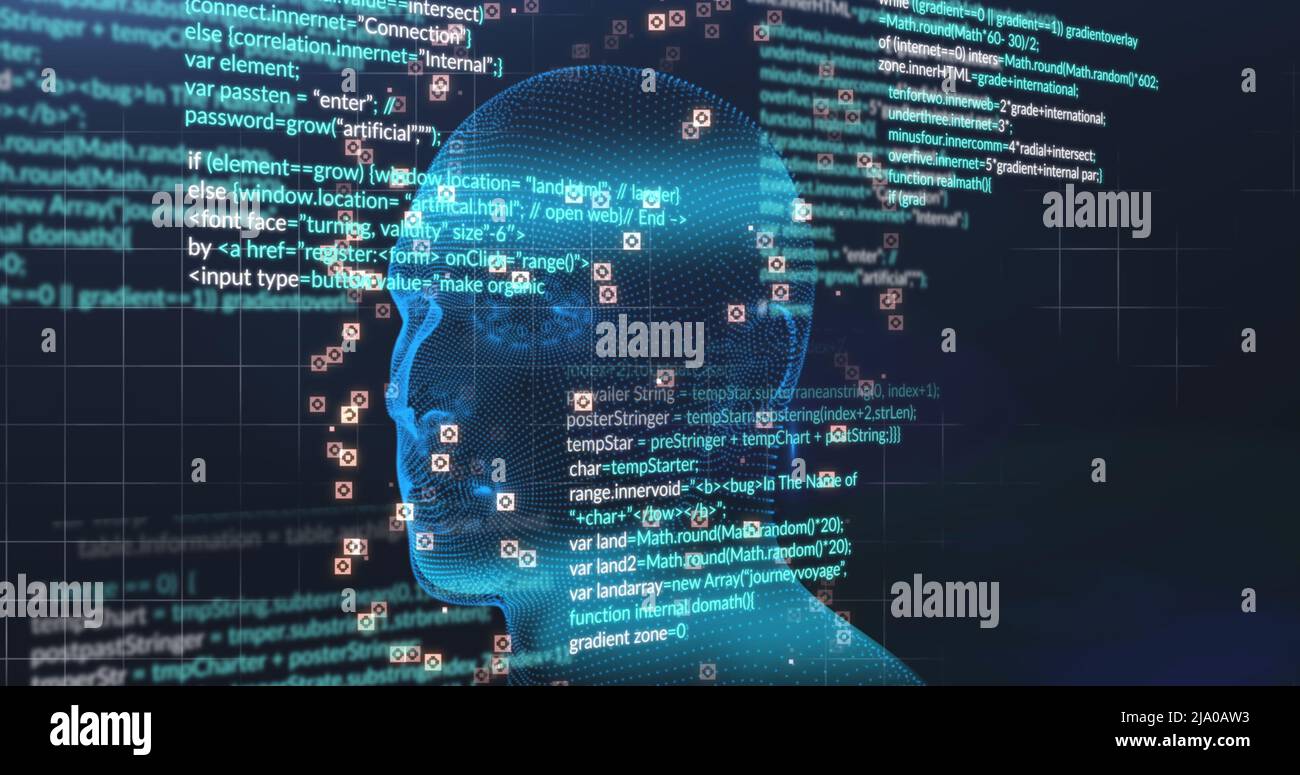 Image of digital head and data processing on black background Stock ...