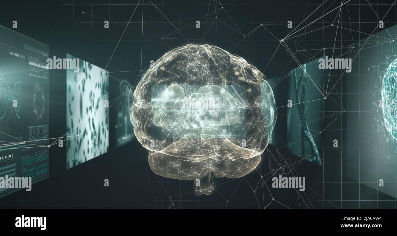 Image of digital brain and data processing on black background Stock ...