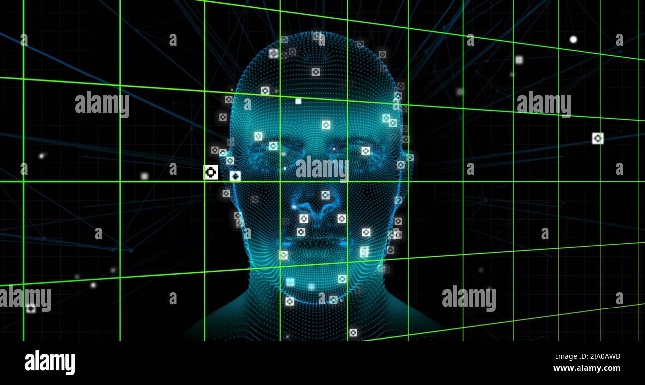 Image of digital head and data processing on black background Stock ...