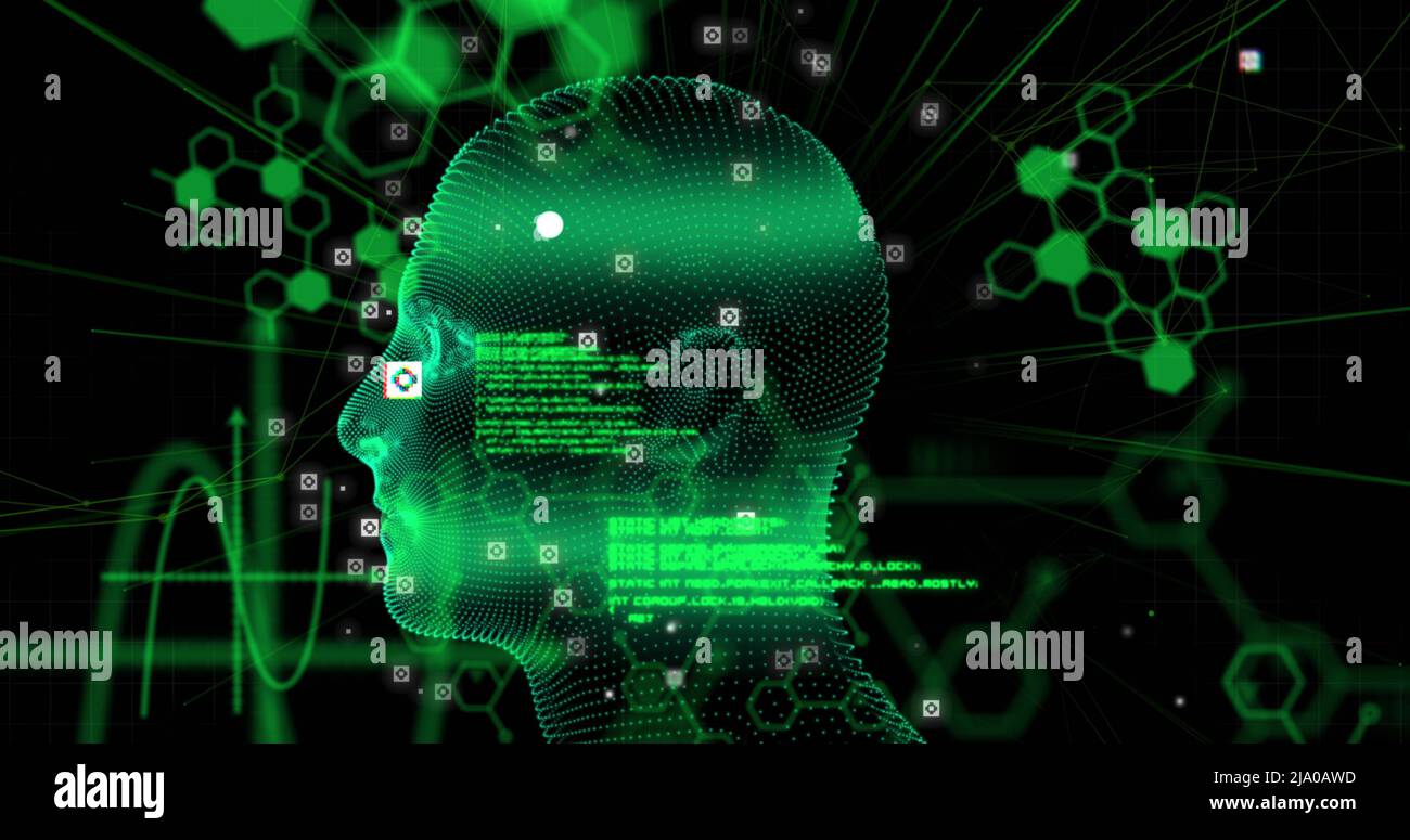 Image of digital head and data processing on black background Stock ...