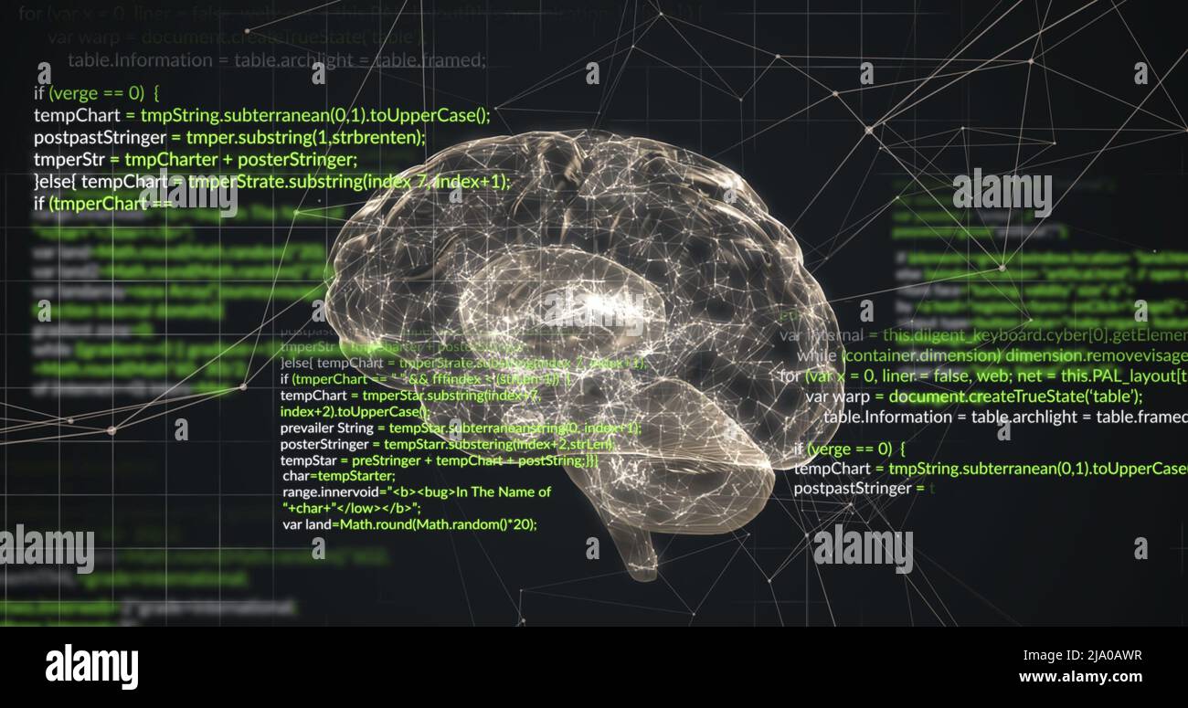 Image of digital brain and data processing on black background Stock ...