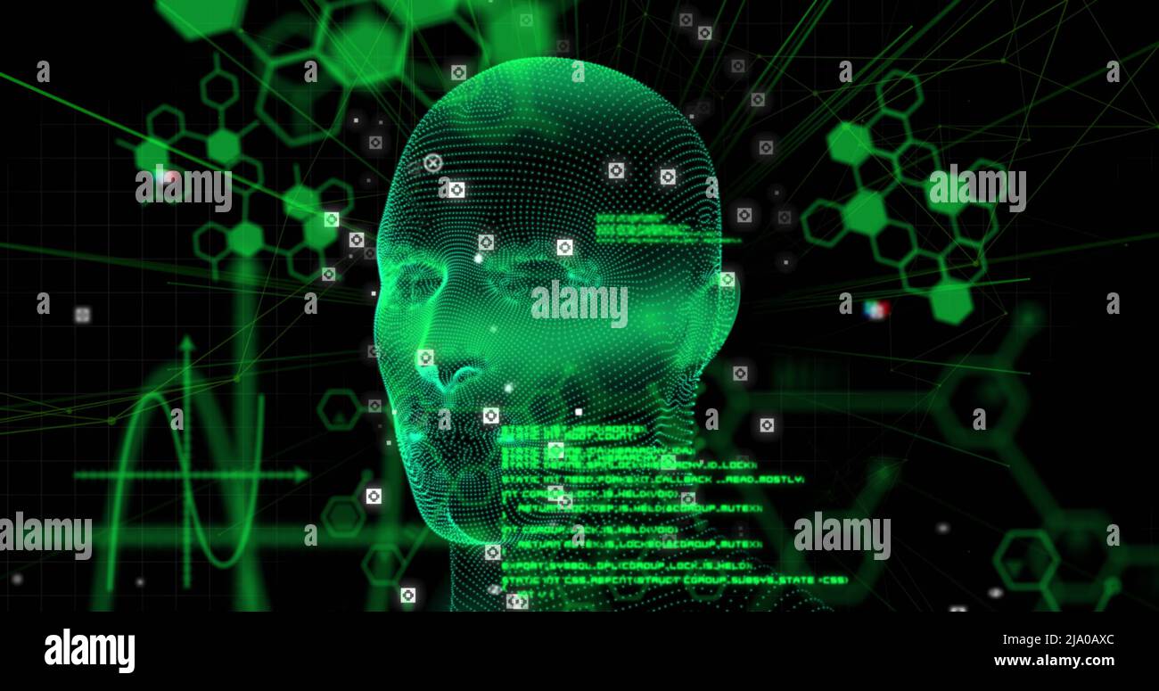 Image of digital head and data processing on black background Stock ...