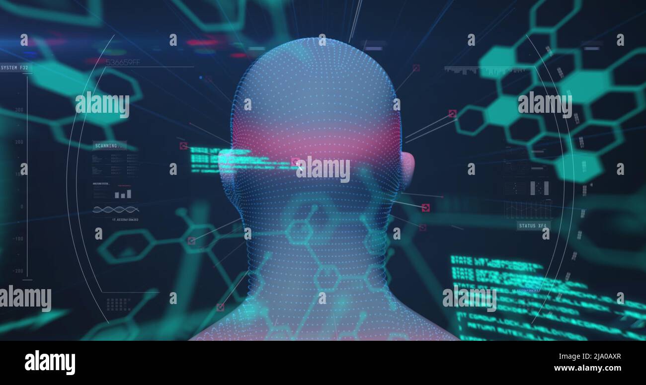 Image of digital head and data processing on black background Stock ...