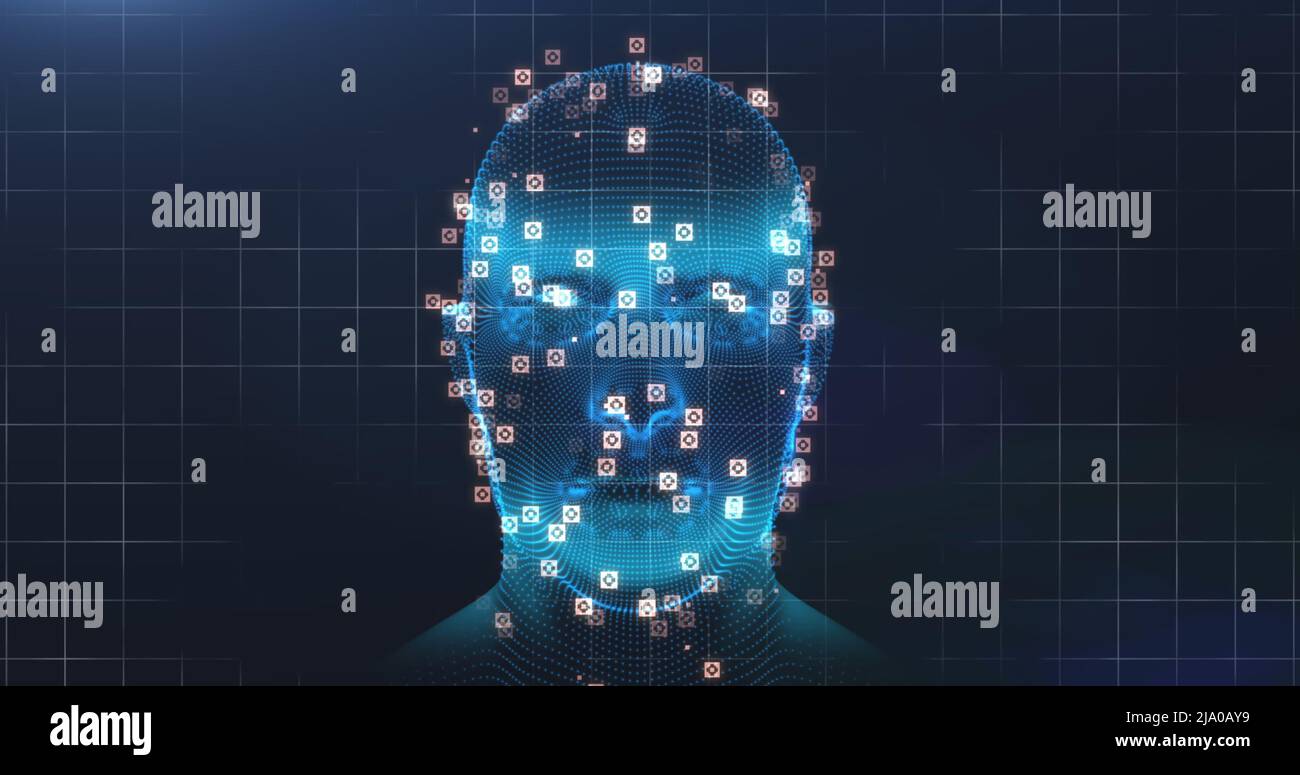 Image of digital head and data processing on black background Stock ...