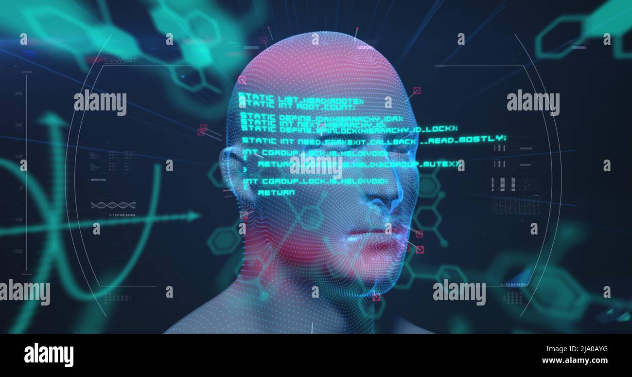 Image of digital head and data processing on black background Stock ...