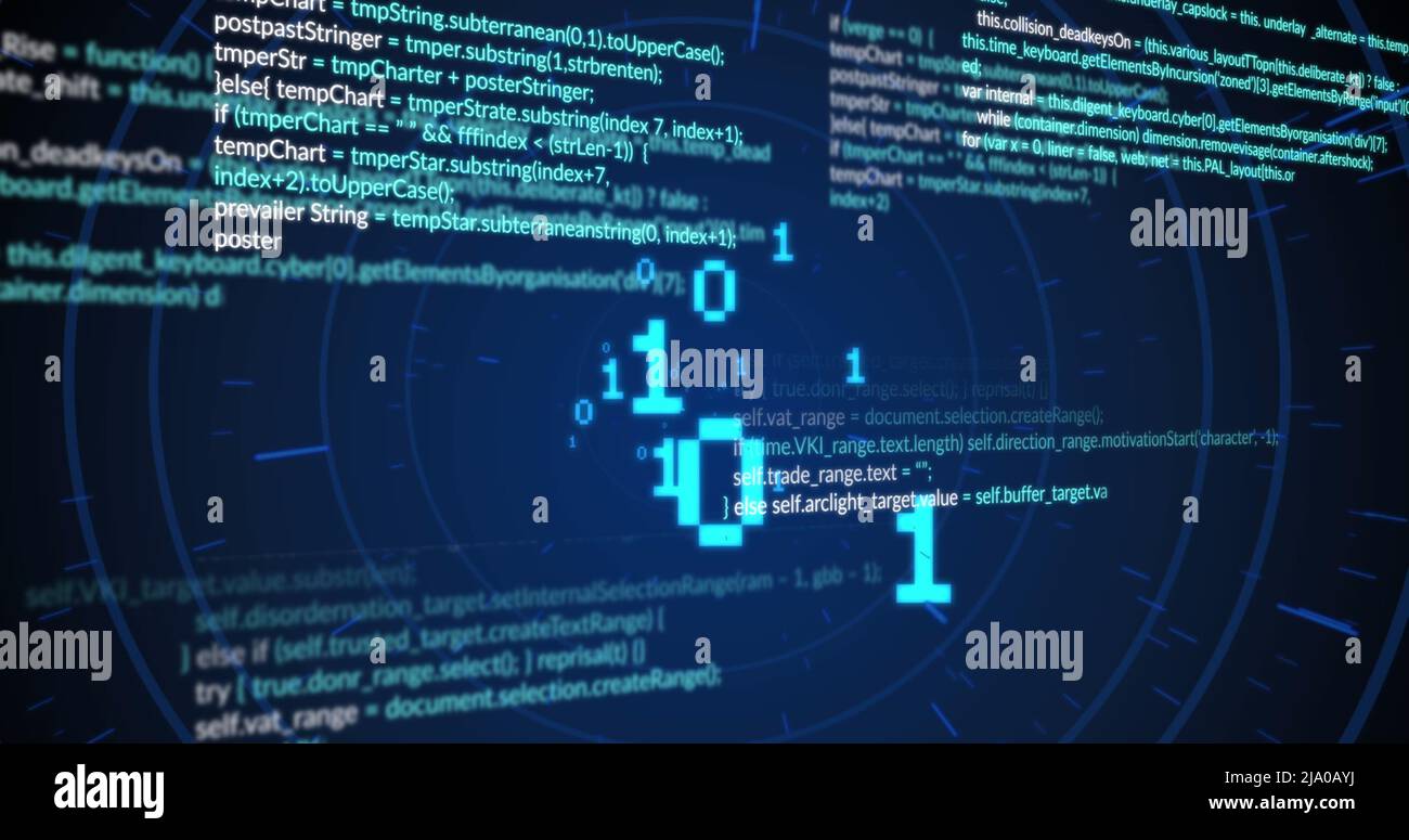 Image of data processing and circles on black background Stock Photo