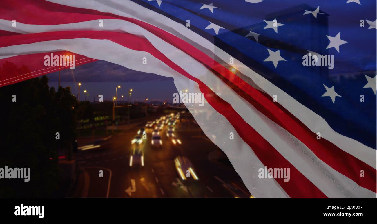 Highway time lapse with american flag Stock Photo