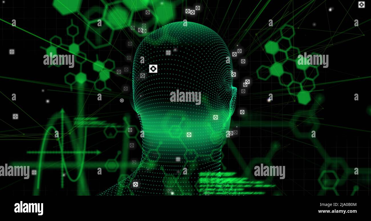 Image of digital head and data processing on black background Stock ...