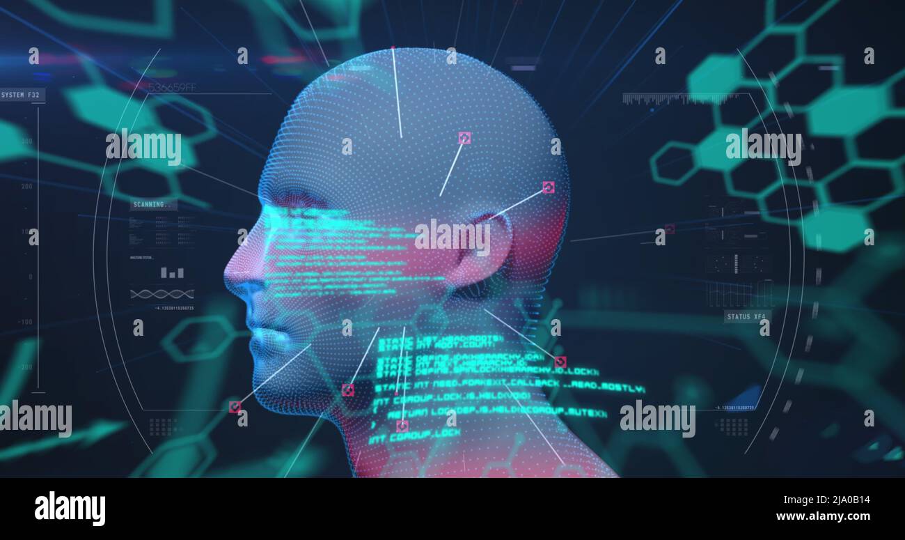Image of digital head and data processing on black background Stock ...