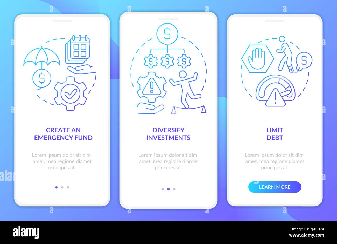 Steps to risk management blue gradient onboarding mobile app screen Stock Vector