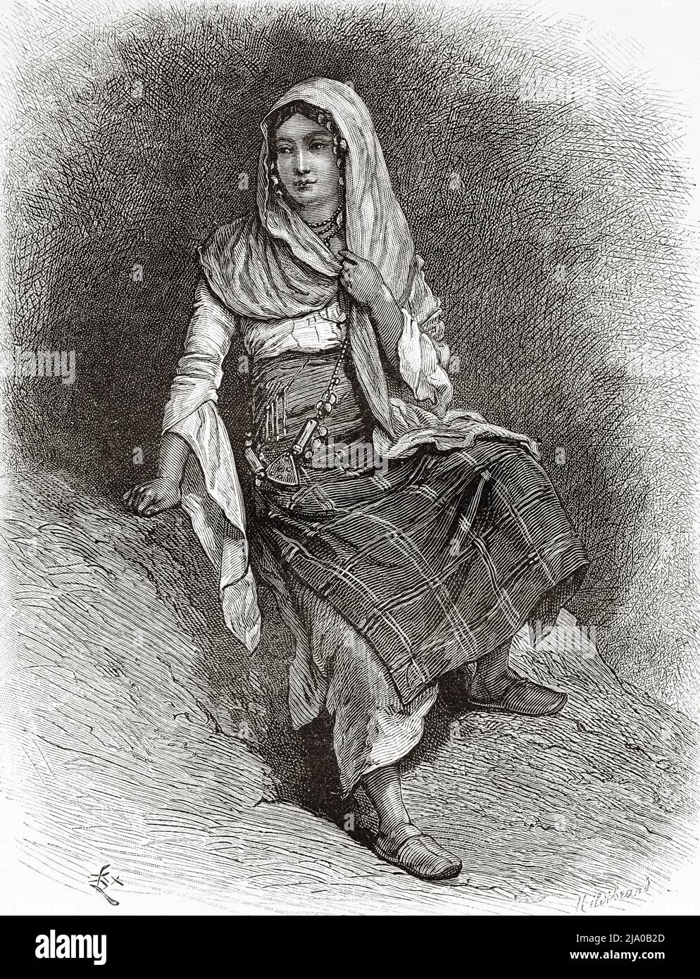 Arab woman dressed in typical and traditional dresses of the Nusayriyah Mountains. Syria, Middle East. The Nusayris by Léon Cahun 1878. Le Tour du Monde 1879 Stock Photo