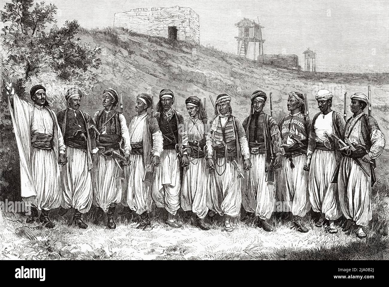 The traditional dance of the Nusayris Arab community, Nusayriyah Mountains. Syria, Middle East. The Nusayris by Léon Cahun 1878. Le Tour du Monde 1879 Stock Photo