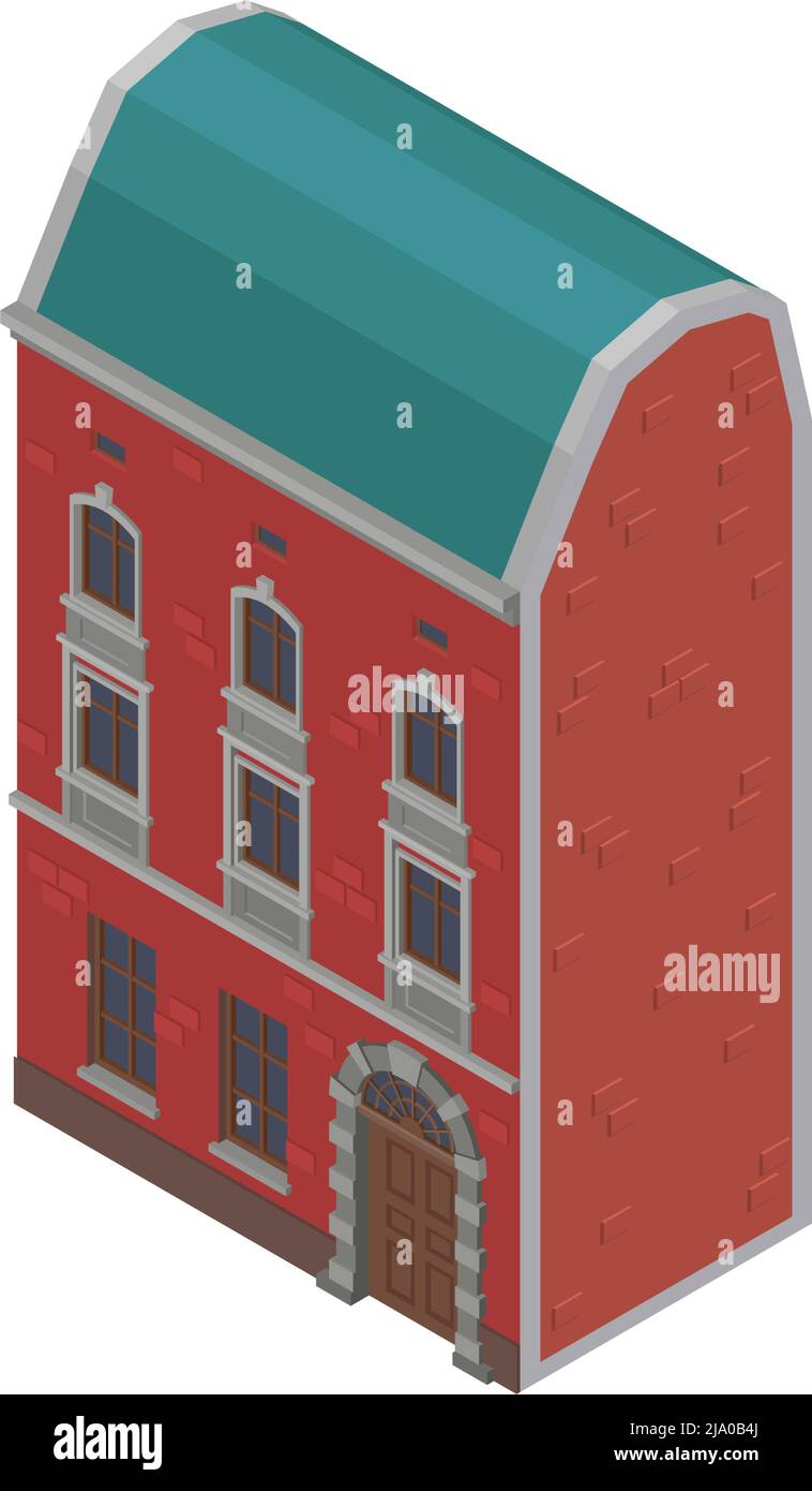 Isometric icon with three storeyd brick suburban building on white ...