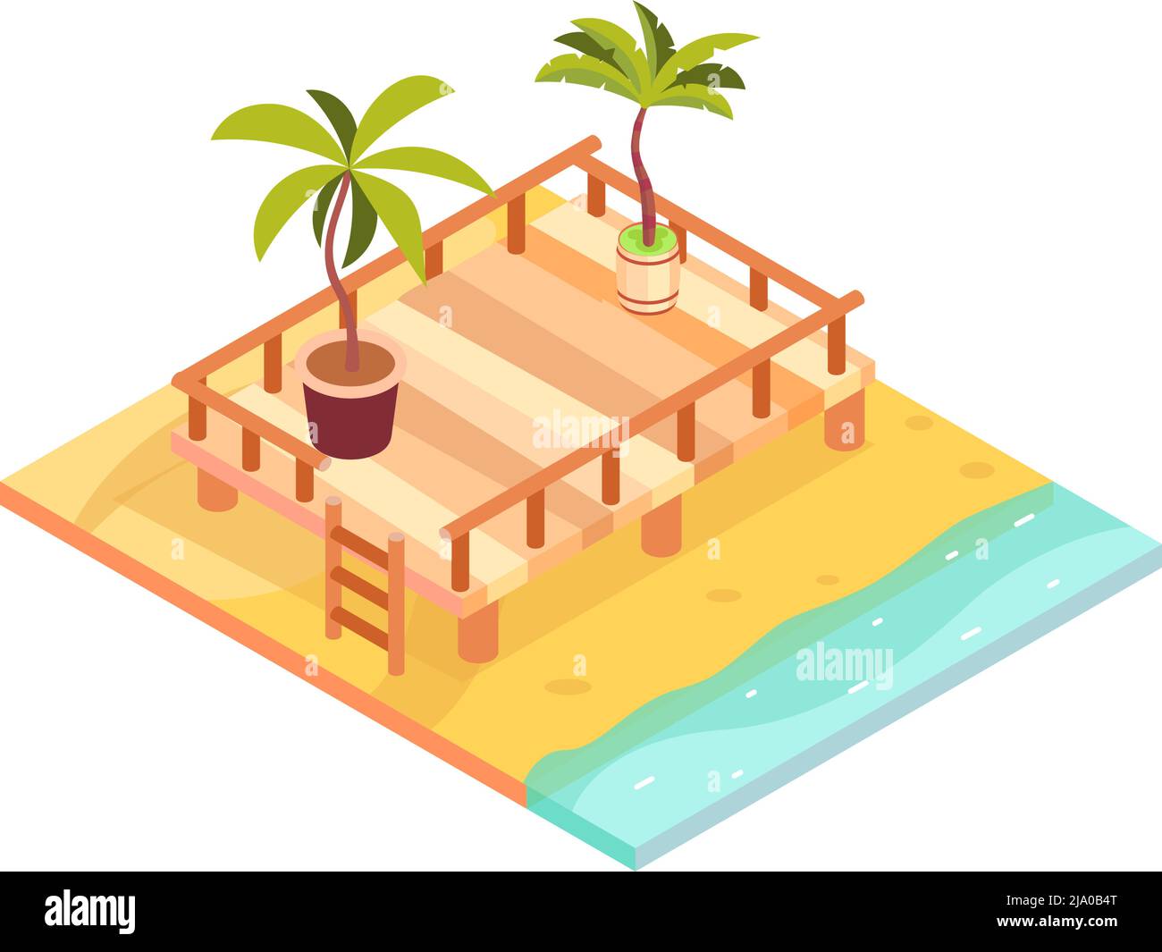 Tropical rest isometric icon with wooden platform on sandy beach 3d ...
