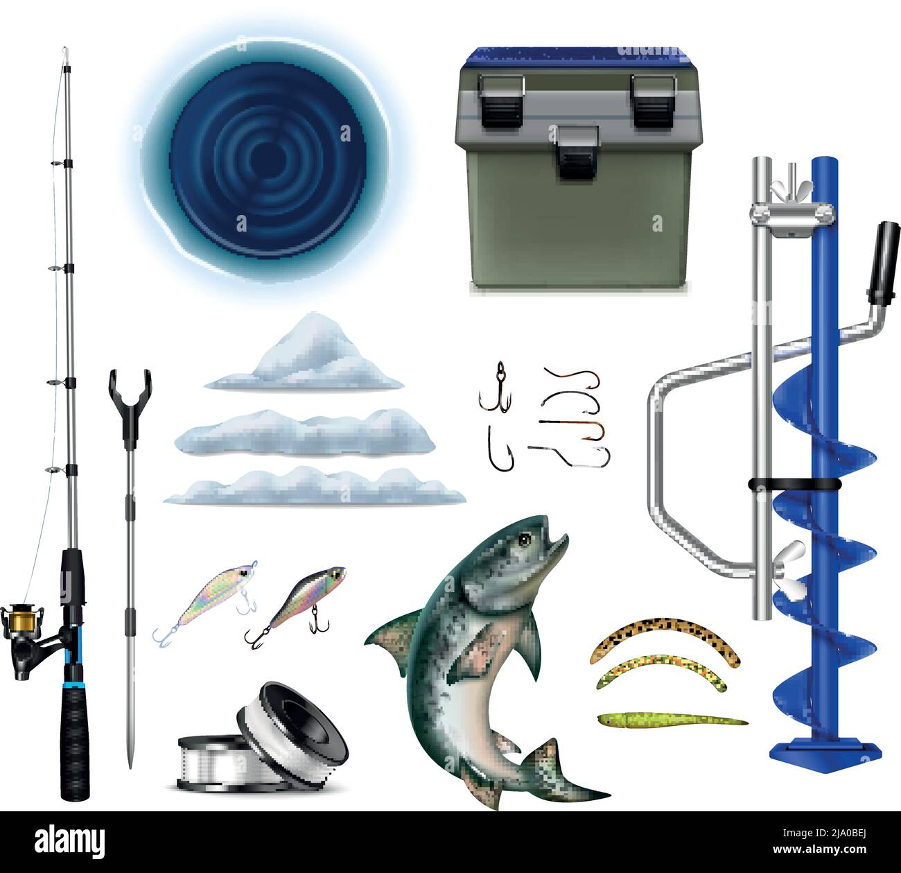 Winter fishing equipment realistic set with isolated fish tackle icons of  rods hooks ice breaker drill vector illustration Stock Vector Image & Art -  Alamy