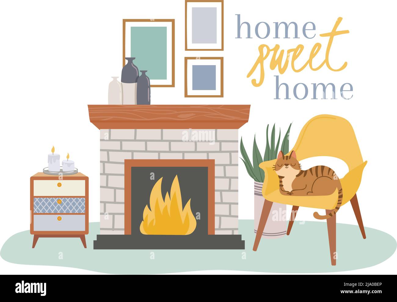 Scandic cozy interior, fireplace and cozy chair Stock Vector