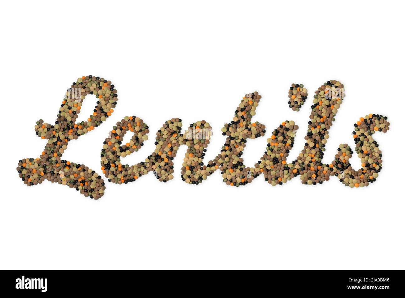 The word lentils with a mixture of different lentils isolated on white background Stock Photo