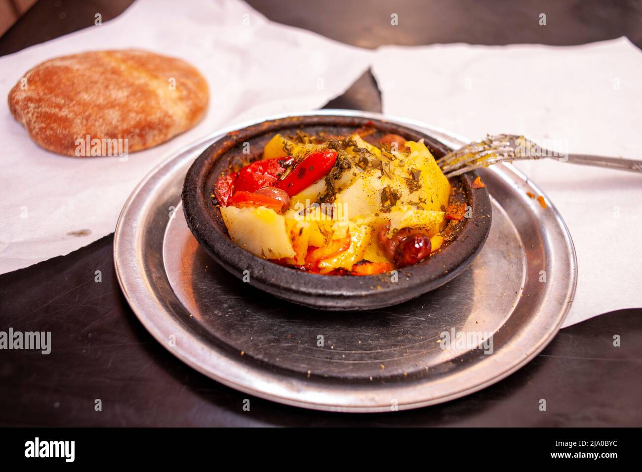 Popular Tajine dish as served in the traditional Medina and zoco