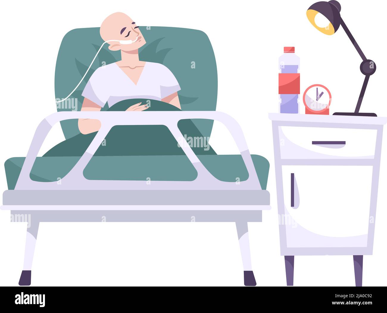 Oncology flat composition with human character of bald patient lying in bed vector illustration Stock Vector