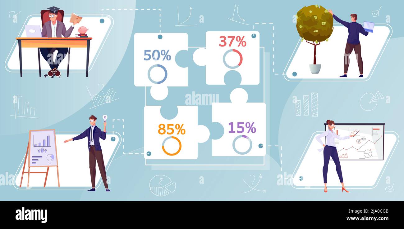 Investment infographics with puzzle pieces percentage graphs and doodle human characters with icons of bar charts vector illustration Stock Vector