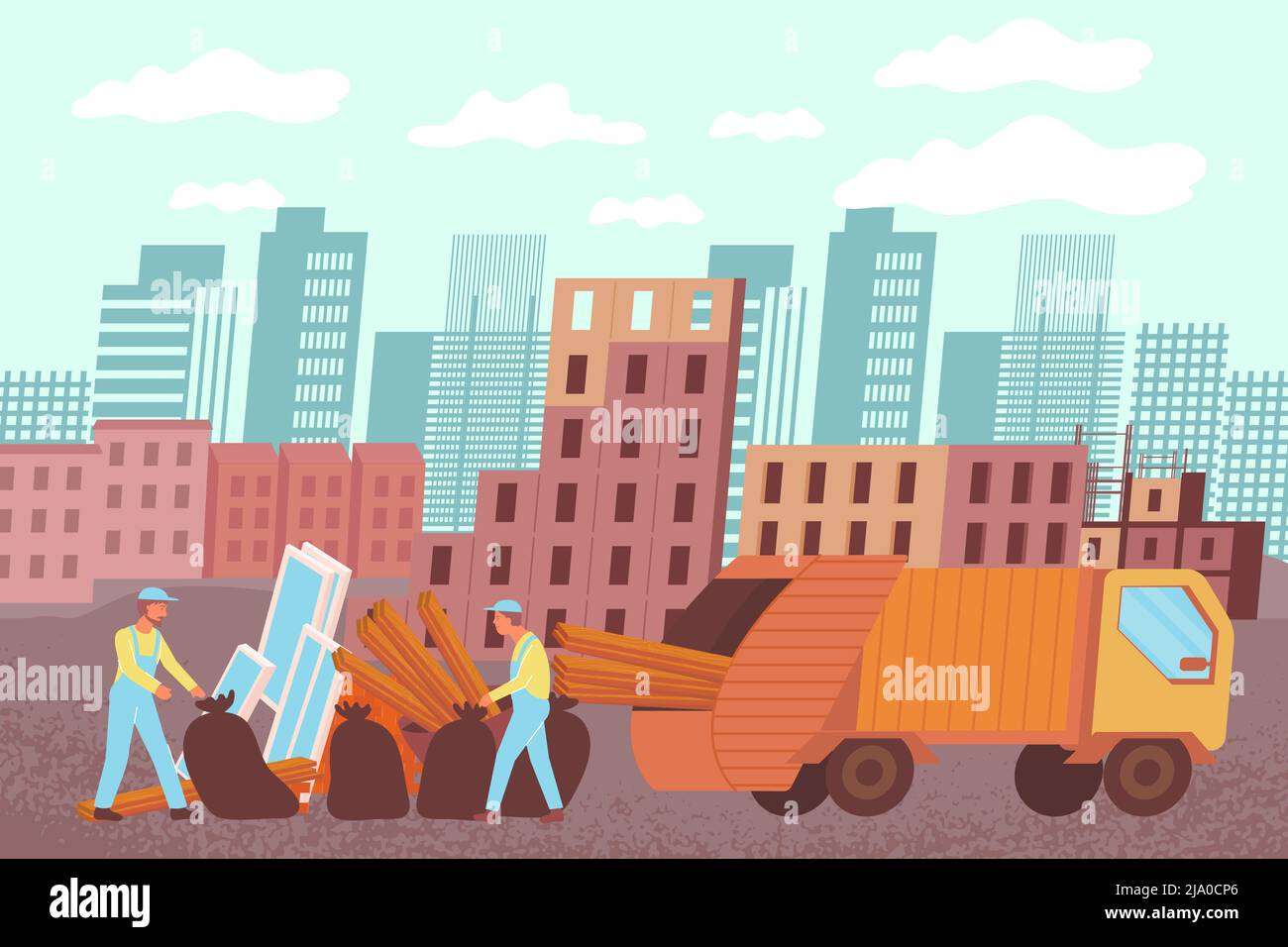 Removal of construction waste composition with flat building site landscape with workers loading