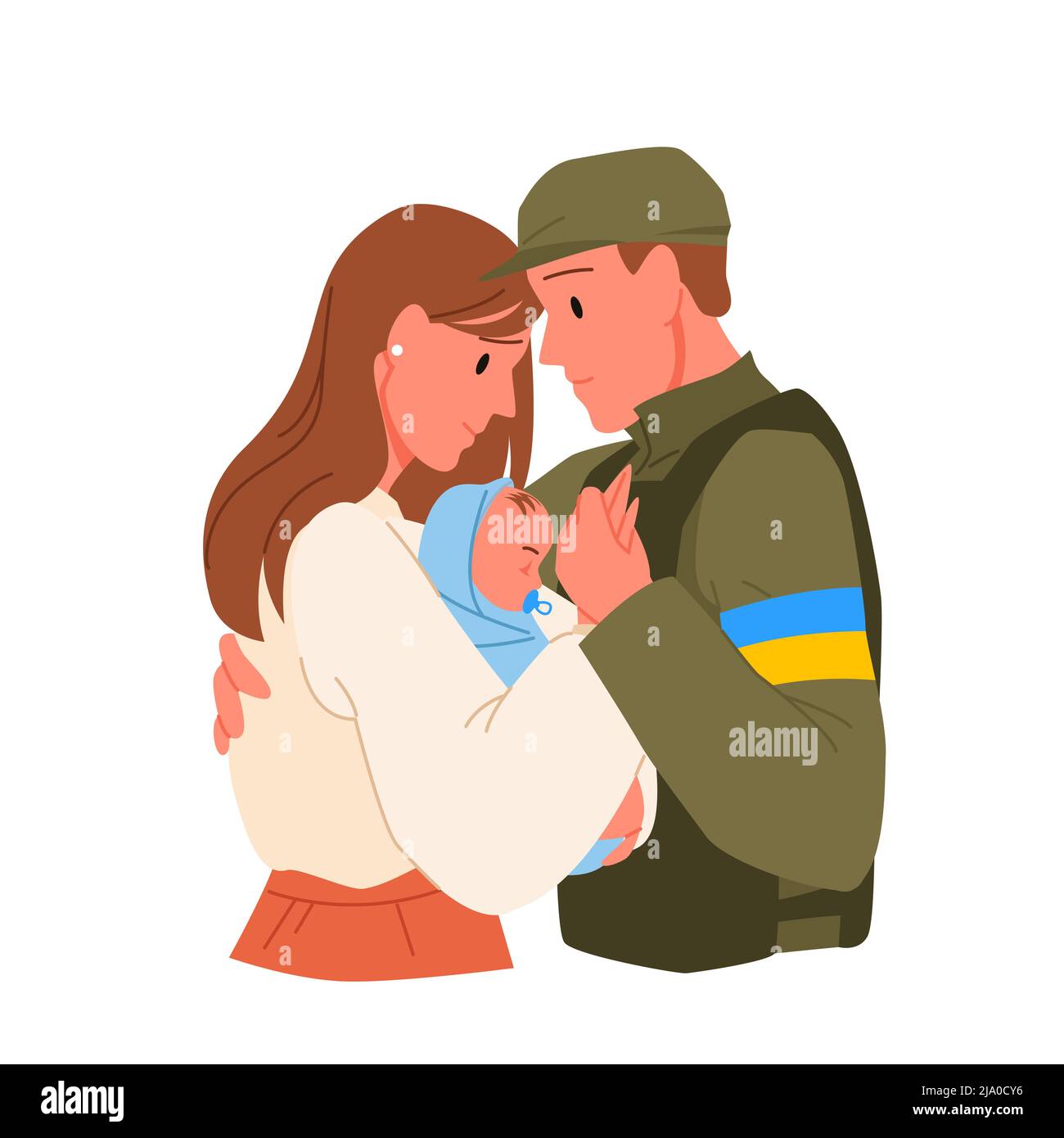 Ukrainian family, father, mother and kid standing together, soldier in camouflage uniform Stock Vector