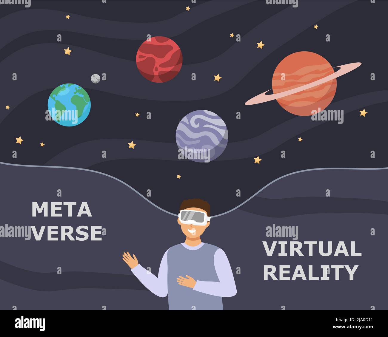 Man with goggle sees space. Concept of surrealism, immersive experience, metaverse or virtual reality. Stock Vector