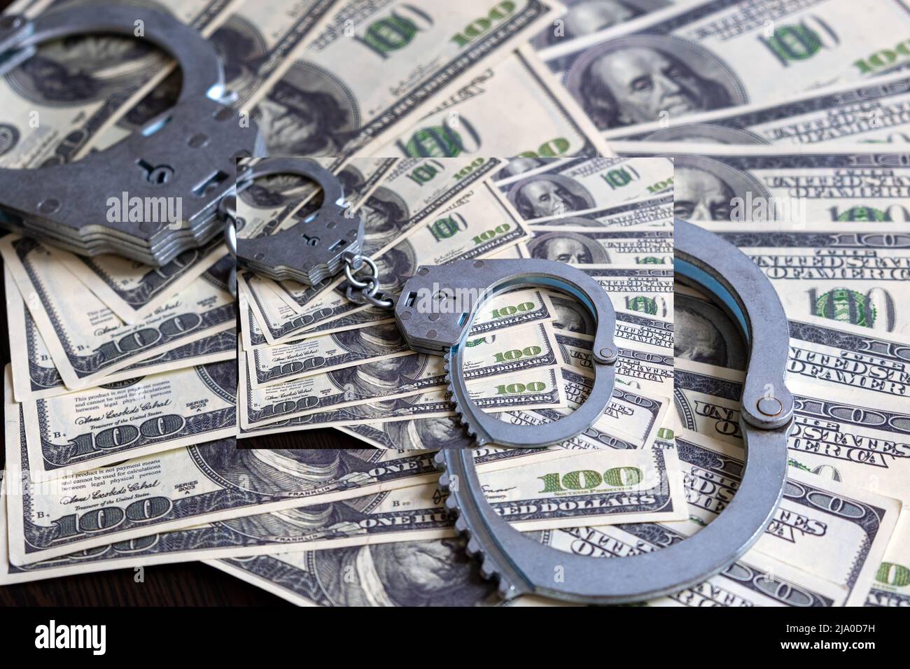 Cash in US Dollars, Real Handcuffs. The Concept of Arrest, Corruption, Bail, Crime, Bribery or Fraud Stock Photo