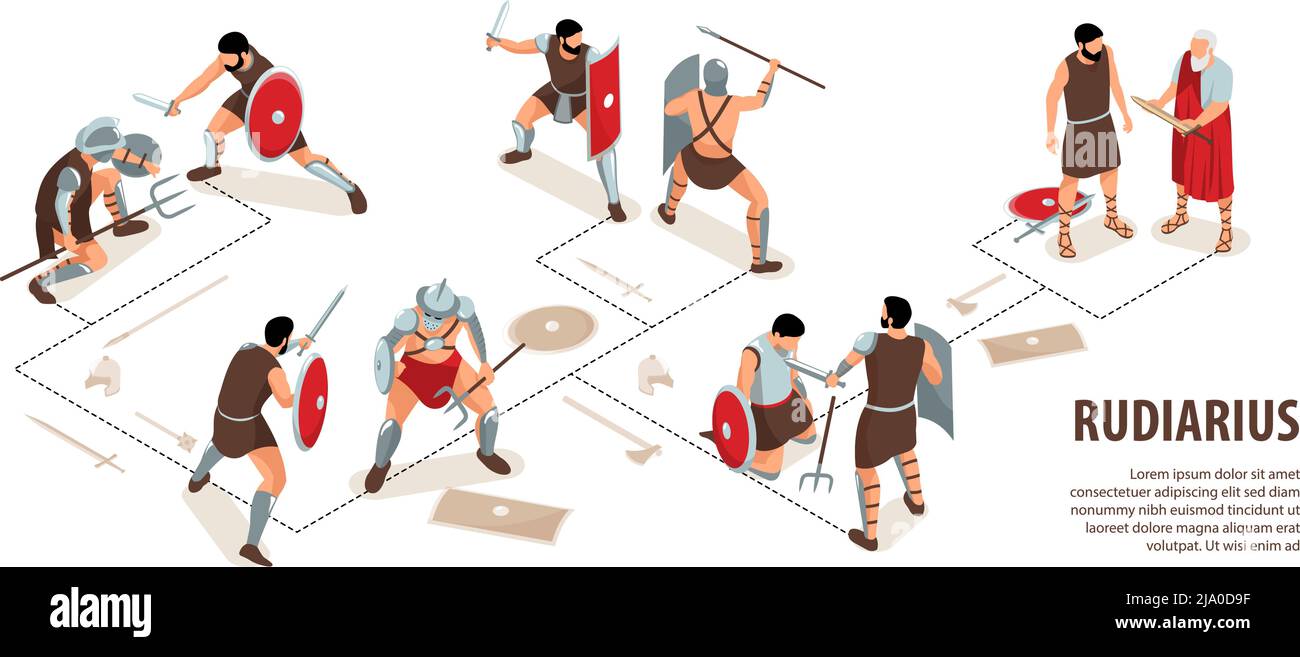 Isometric ancient rome gladiators infographics with editable text and flowchart with human characters of rudiarius warriors vector illustration Stock Vector