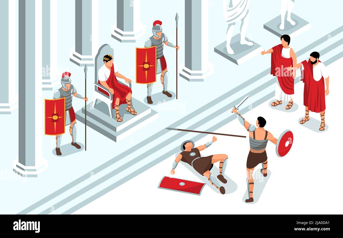 Isometric ancient rome gladiators composition with view of throne room and monarch watching duel battle fight vector illustration Stock Vector