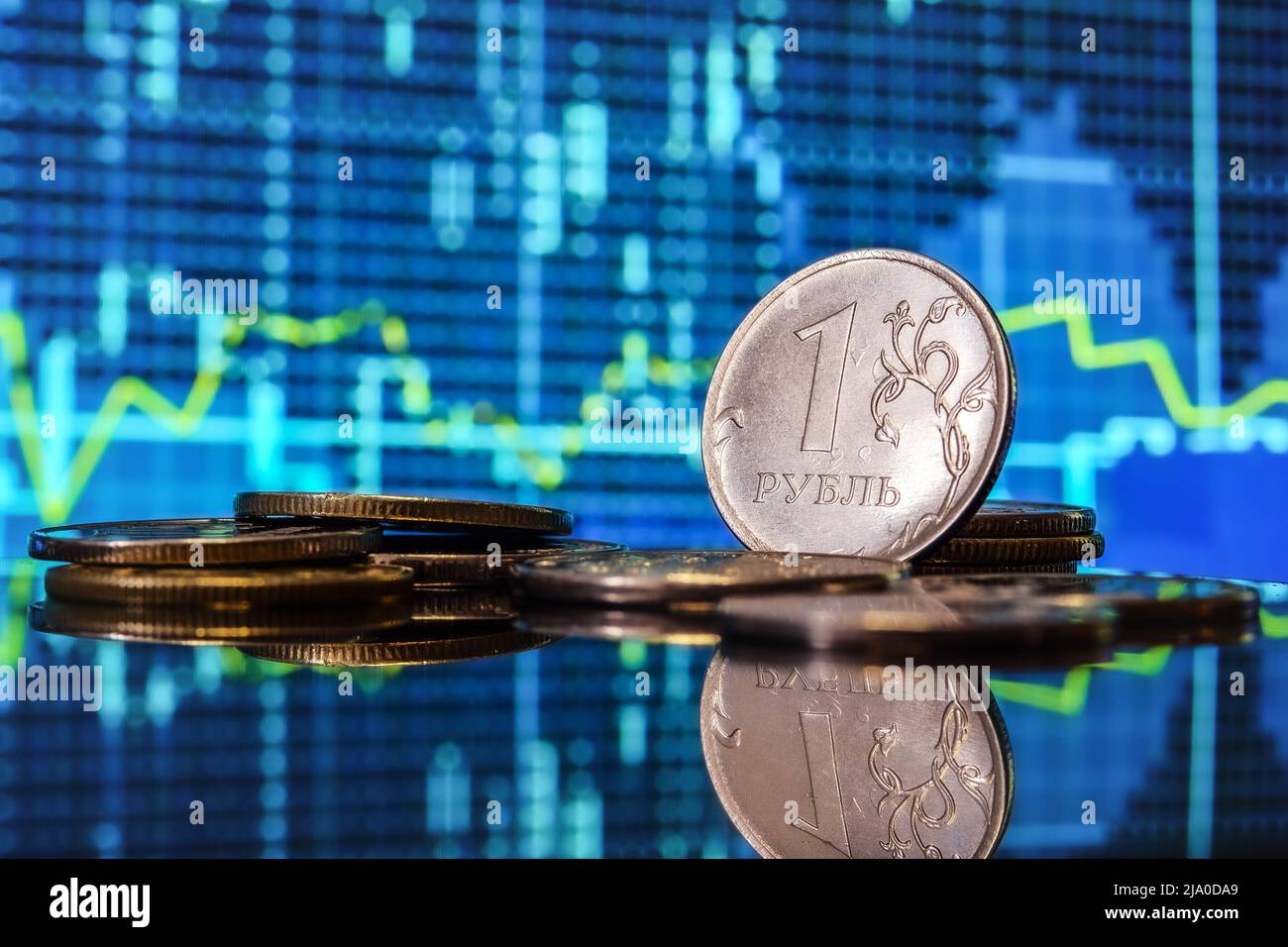 Background, blur, out of focus, bokeh, pasteurization. Coins of the Russian ruble. The rise of the ruble exchange rate. Payment for gas in Russian cur Stock Photo