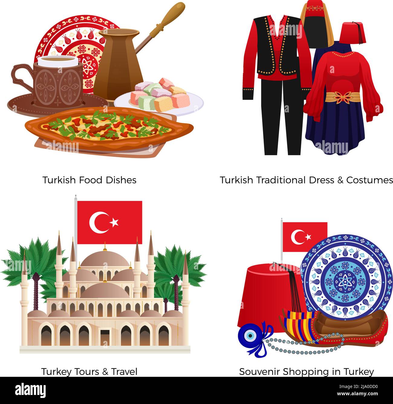 Turkey tourism concept icons set with food and shopping symbols flat isolated vector illustration Stock Vector