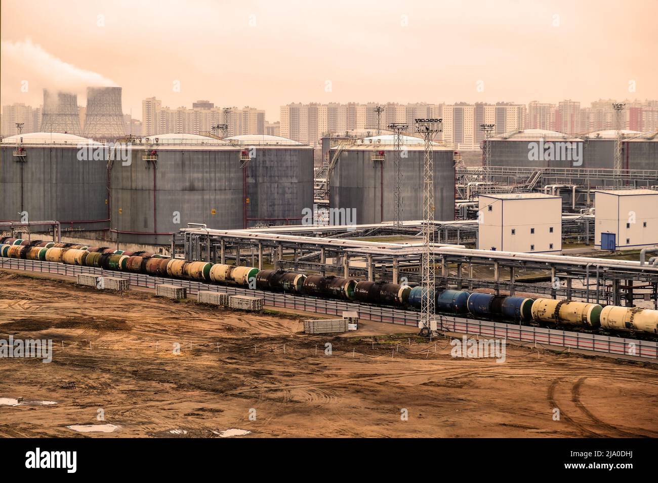 A group of oil tanks. Oil logistics complex for sending oil by rail in tanks Stock Photo
