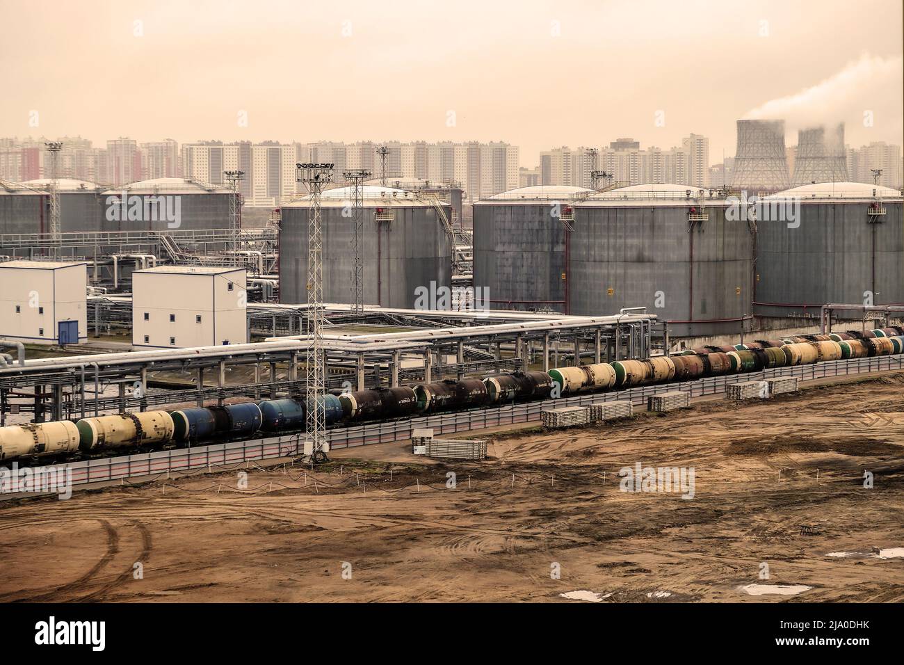 A group of oil tanks. Oil logistics complex for sending oil by rail in tanks Stock Photo