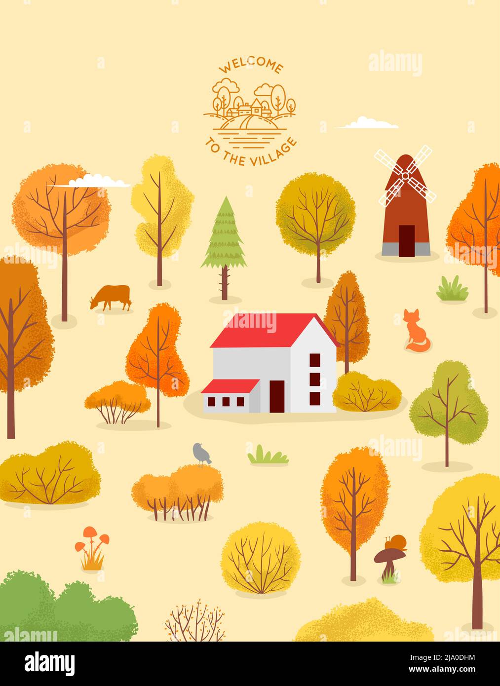 Village house stay at surround autumn wood Stock Vector