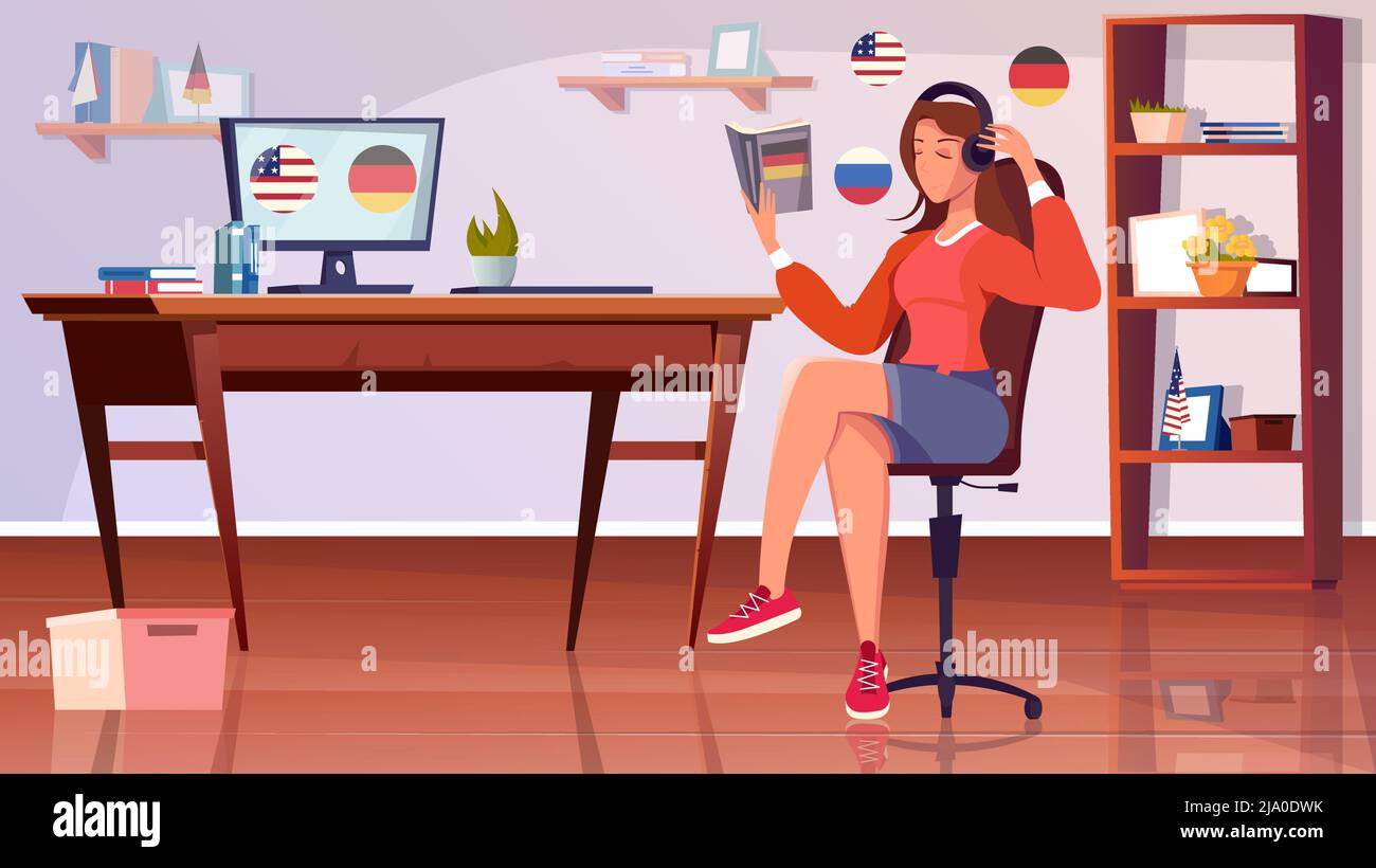 Study language flat composition with home living room interior and girl sitting at table in headphones vector illustration Stock Vector