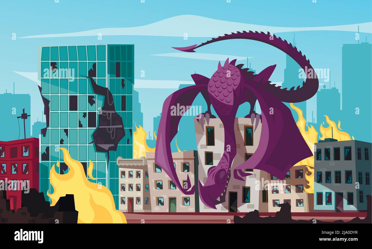Flying monster sitting on roof attacking burning city cartoon vector illustration Stock Vector
