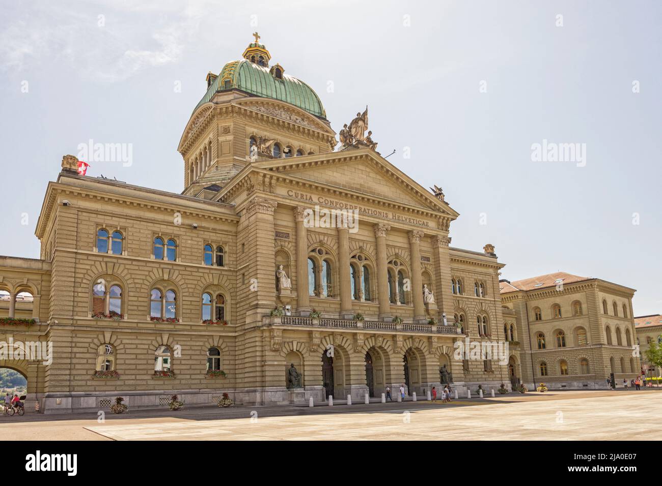 Bern, Switzerland, August 13, 2020: Facade of the Swiss parliament building at the Bundesplatz. Stock Photo