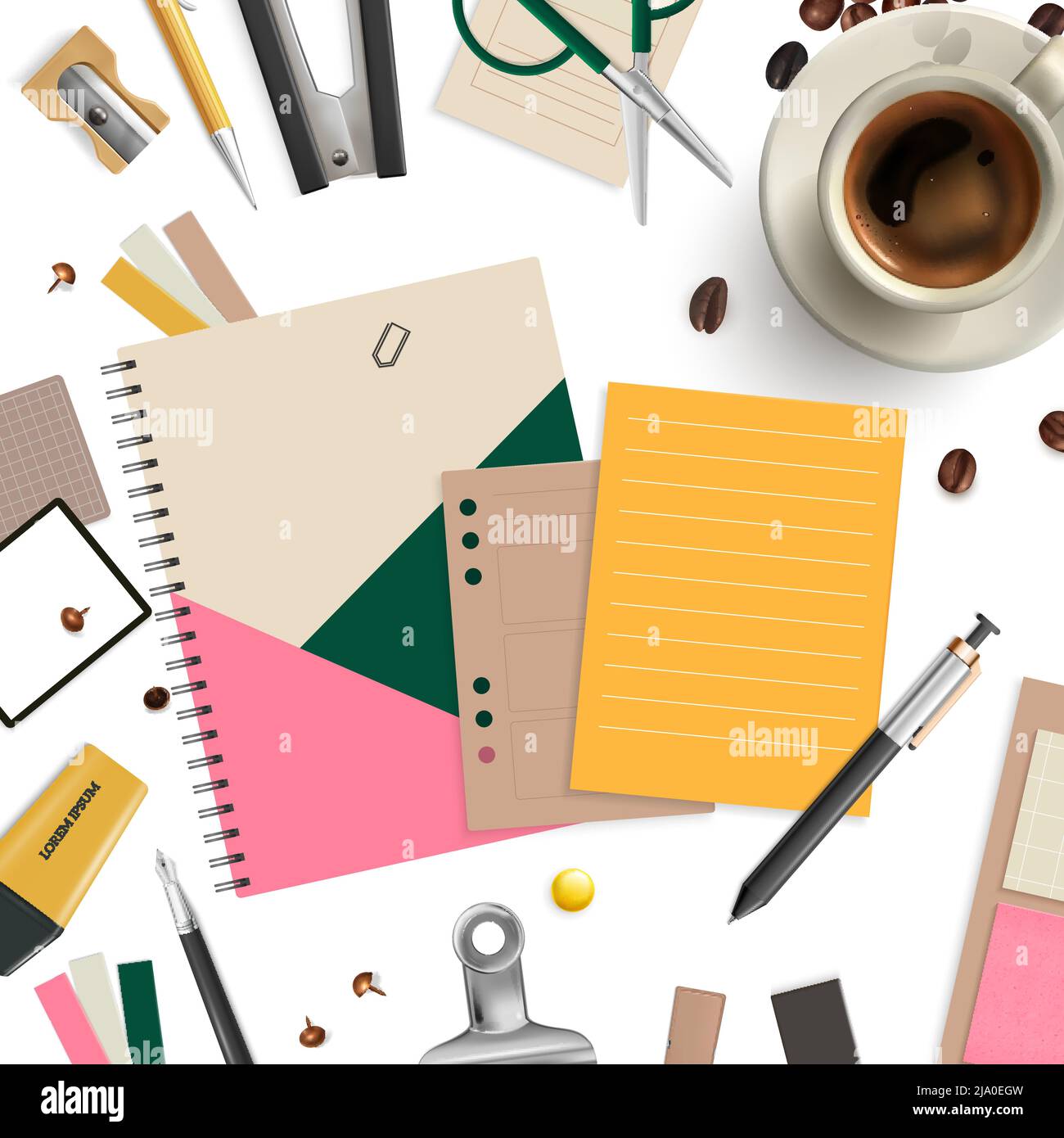 Office items seamless pattern with coffee scissors and pen realistic vector illustration Stock Vector