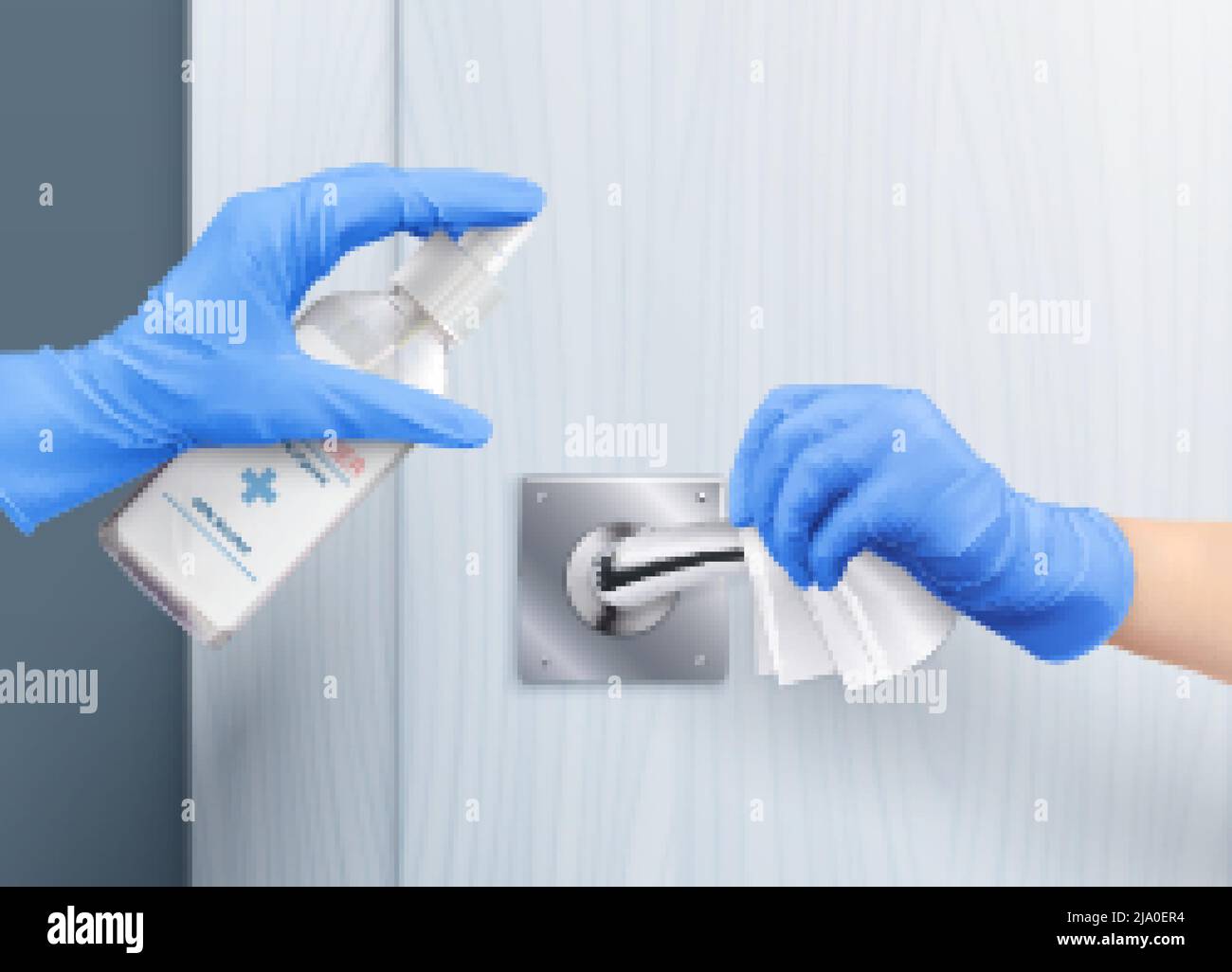 Hands in gloves door handle desinfection realistic composition with human hands applying sanitizer disinfecting door pull vector illustration Stock Vector