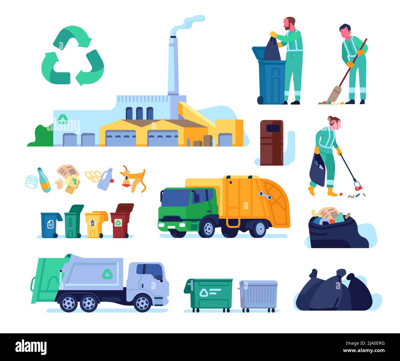 Garbage collection service. Litter disposal. Scavengers characters with