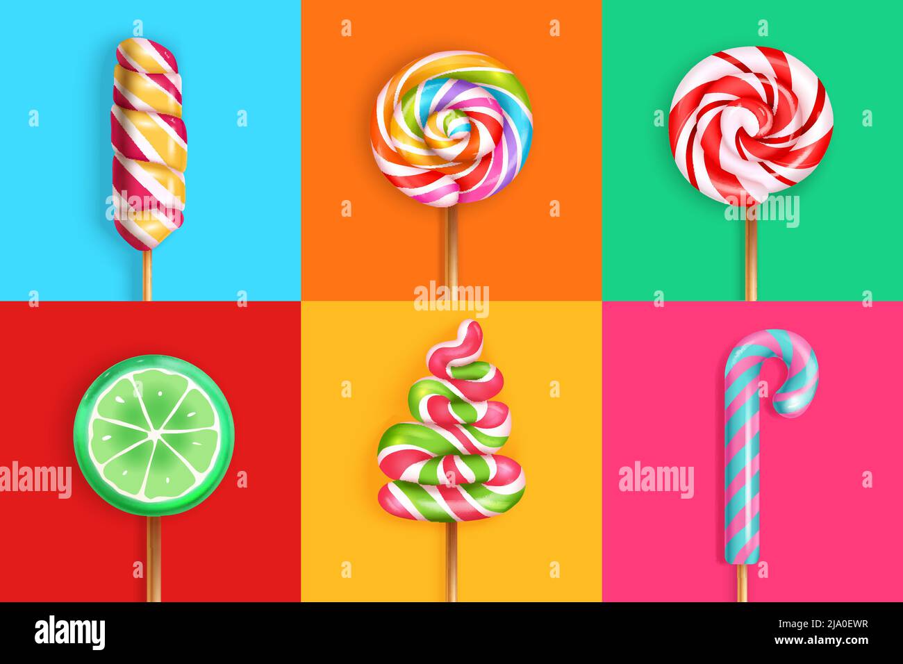 Lollipop candy concept 6 bright realistic background images with spiral rainbow striped cane lime slice vector illustration Stock Vector