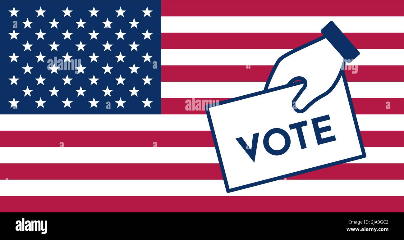 Hand voting icon on american flag background. Flat vector illustration Stock Vector